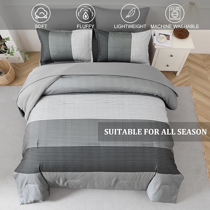 Anibedding Grey Comforter Set Full Size 7 Pieces, Ombre Striped Bed in a Bag with Sheet Sheet, Boho Patchwork Down Alternative Comforter Bedding Set for All Season （78''x90''