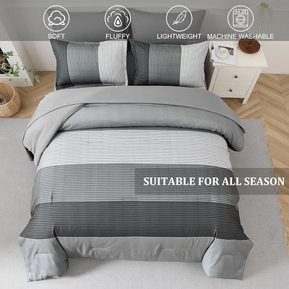 Anibedding Grey Queen Comforter Set 7 Pieces, Ombre Striped Bed in a Bag Queen with Sheet Sheet, All Season Boho Patchwork Down Alternative Comforter Bedding Set