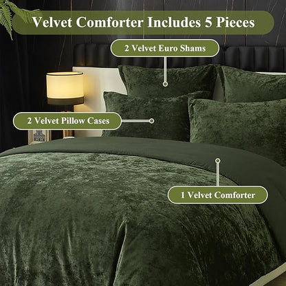 Ivellow Crushed Velvet Comforter Set Queen Green Comforter Set 5pcs Ultra Soft Lightweight Breathable Bedding Set Luxury Cozy Flannel Comforter Queen Size (1 Comforter,2 Pillow Shams, 2 Euro Shams