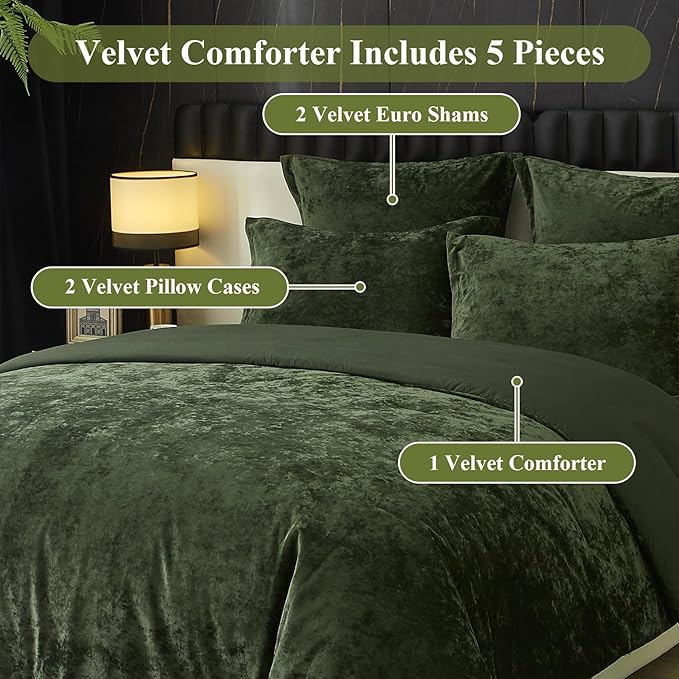 Ivellow Crushed Velvet Comforter Set King Green Comforter Set 5pcs Ultra Soft Lightweight Breathable Bedding Set Luxury Cozy Flannel Comforter King Size (1 Comforter,2 Pillow Shams, 2 Euro Shams
