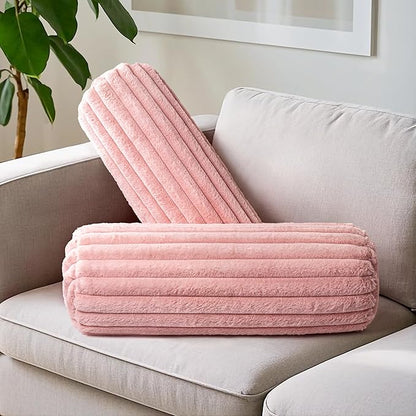AELS Faux Fur Striped Cylinder Pillows Set of 2, 8" x 24" Decorative Modern Bolster Pillows with Removable Washable Cover & Insert, Body Pillow for Couch Bed, Living Room Bedroom Nursery Decor, Pink
