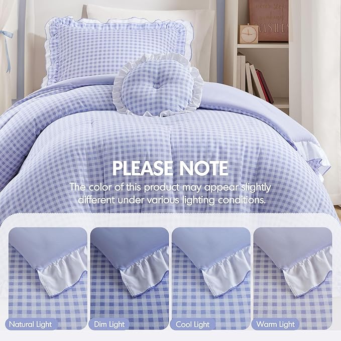 Intelligent Design Rowena Twin Comforter Set – Blue Gingham Ruffled Bedding, Vintage Farmhouse Style, Reversible All Season 3-Piece Bedding Set, Twin/Twin XL, Gift for Her