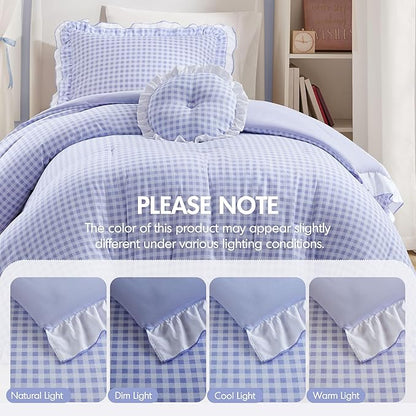 Intelligent Design Rowena Twin Comforter Set – Blue Gingham Ruffled Bedding, Vintage Farmhouse Style, Reversible All Season 3-Piece Bedding Set, Twin/Twin XL, Gift for Her