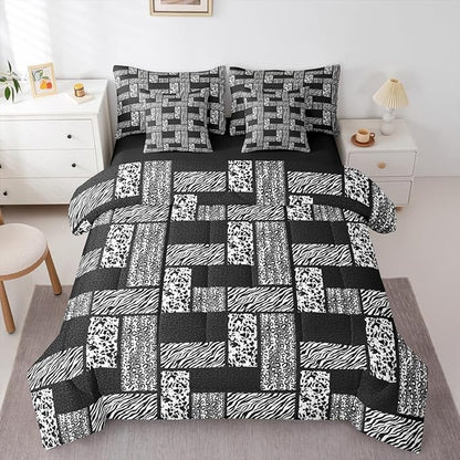 Wildlife Animals Fur Print Bedding Set 7 Pcs King,Leopard Zebra Cow Skin Comforter Sets for Girl Boy Bedroom,Black Grey African Wildlife 7pcs Bed in a Bag with Comforter,Sheets and Pillow Cases