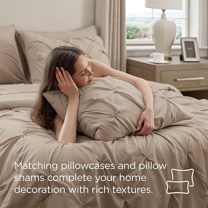 Bedsure Full Size Comforter Sets - Bedding Sets Full 7 Pieces, Pintuck Bed in a Bag Khaki Bed Set with Comforter, Sheets, Pillowcases & Shams