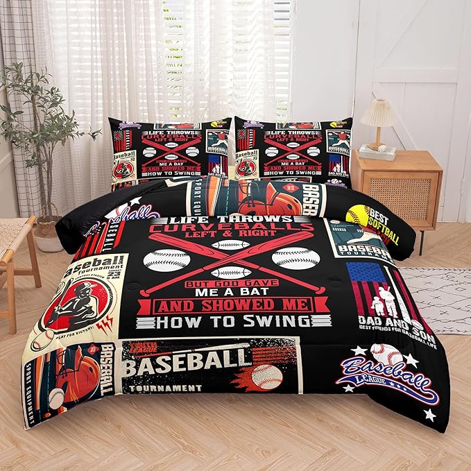 NINENINE Baseball Comforter Set for Kids,Twin Size Bedding Sets for Boys,Sports Bedding Set for Boys Kids,Black Retro Comforter Set with 1 Comforter 1 Pillowcase…