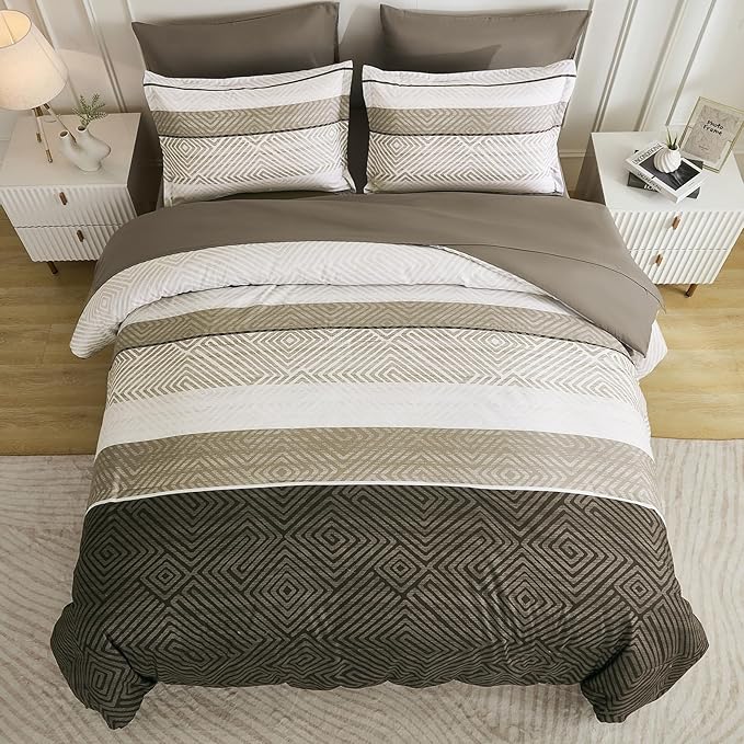 Drucon Brown Comforter Set Full Size 7 Piece Bed in a Bag, Boho Striped Bedding Set, Soft Microfiber Comforter and Sheet Set for All Season