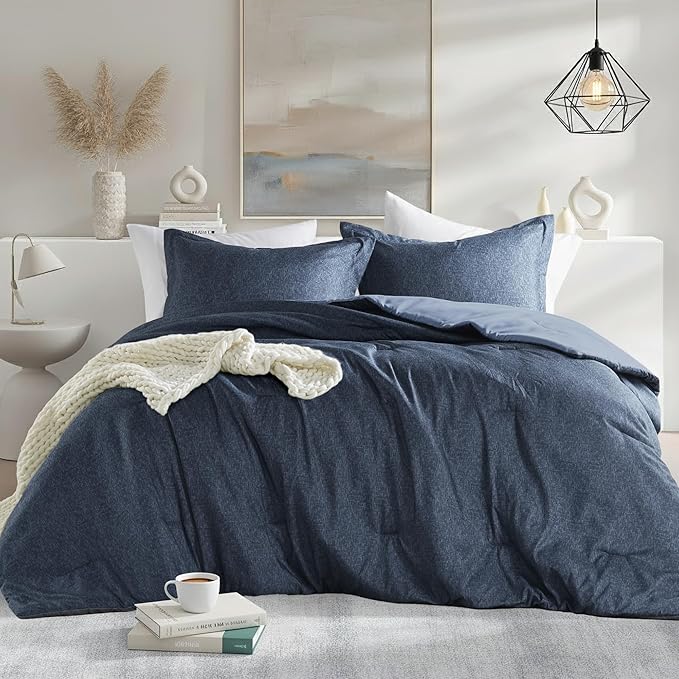 King Size Comforter Set, Lightweight Navy Soft Bedding for All Seasons, 3 Pieces Chambray Print Solid Farmhouse Bed Set, Comforter & Shams