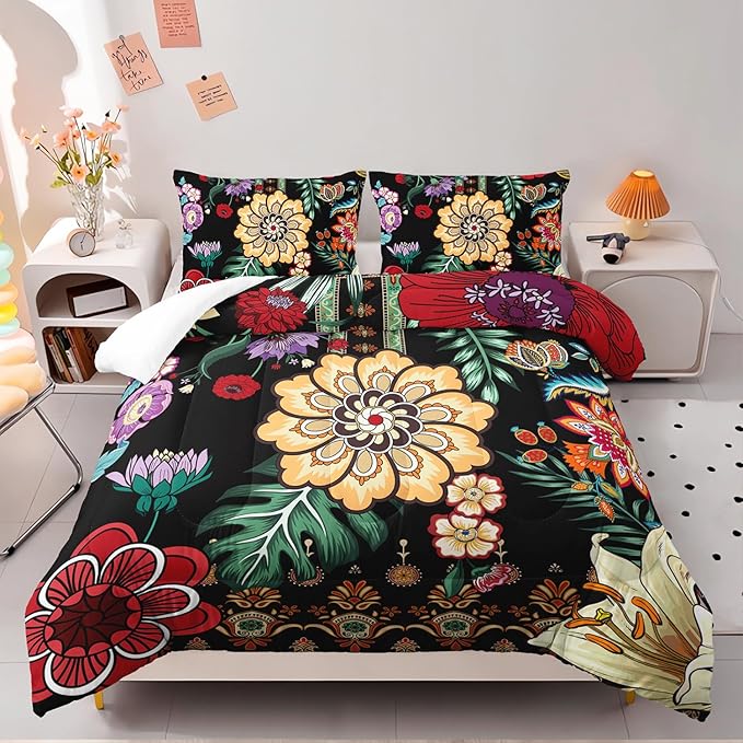 3 Pieces Colorful Floral Comforter Set,Paisley Bedding Set Twin Size,Boho Farmhouse Flower Leaves Printed on Black Design,All Season Lightweight Soft Microfiber Bedding with 2 Pillow Shams