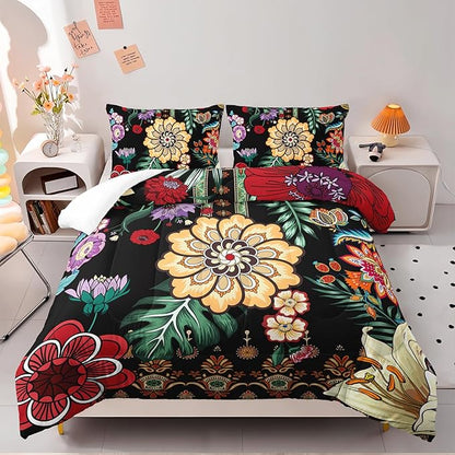 3 Pieces Colorful Floral Comforter Set,Paisley Bedding Set Twin Size,Boho Farmhouse Flower Leaves Printed on Black Design,All Season Lightweight Soft Microfiber Bedding with 2 Pillow Shams