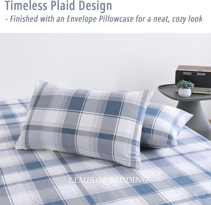 Vintage Cotton Comforter Twin Size 2Pcs - Classic Tartan Plaid Pattern with Denim Blue, Soft Gray and White, Lightweight Bedding Sets with Soft Fill(1 Comfoter, 1 Pillowcase)