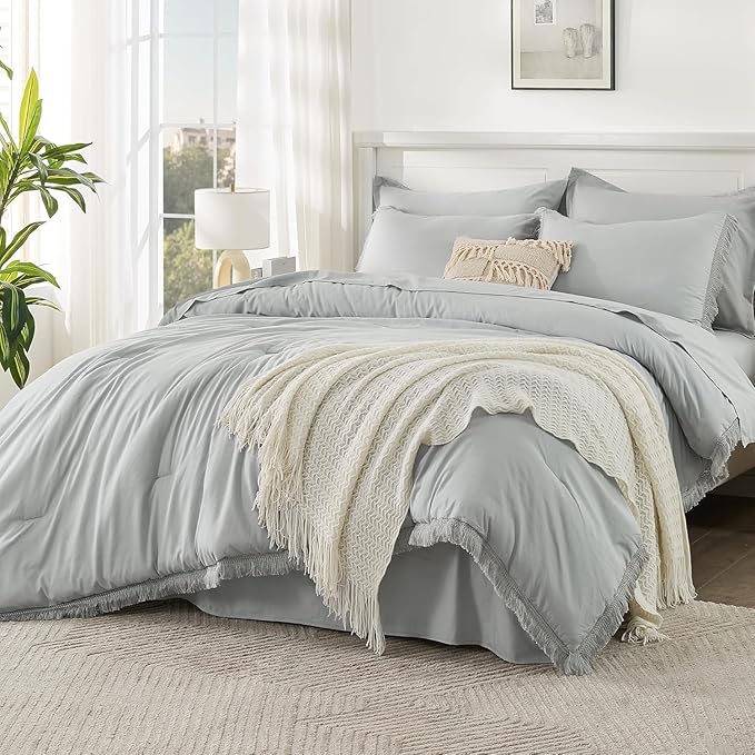 Andency Oversized King Comforter Set Light Grey 120x98-7 Pieces Boho Tassel Bed in a Bag Soft Lightweight Bedding Sets, Fringe All Season Bed Set with Comforter, Sheets, Pillowcases & Shams