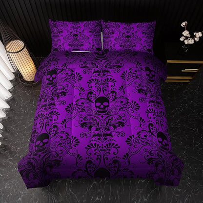 Adults Violet Gothic Comforter Set Queen Size,Vintage Damask Floral Bedding Set 3Pcs,Bohemia Bedding Set Goth Skull Printed Quilted Set for Teens Adult with 1 Comforter and 2 Pillowcase