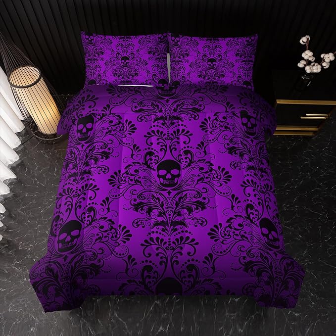 Adults Violet Gothic Comforter Set Full Size,Vintage Damask Floral Bedding Set 3Pcs,Bohemia Bedding Set Goth Skull Printed Quilted Set for Teens Adult with 1 Comforter and 2 Pillowcase