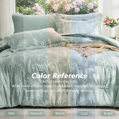 MUXHOMO Cal King Comforter Set, Sage Green Elegant Floral Print Bed in a Bag 7 Pieces, Ultra Soft & Breathable Reversible Botanical Pattern Bedding Set with Comforter, Sheets, Pillowcases, and Shams