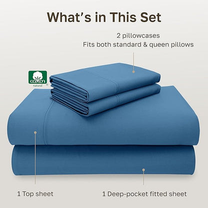 California Design Den Natural 100% Cotton Bed Sheets Full Size Set - Luxury 600 Thread Count Sateen, Hotel Quality Cooling Sheets, Fully Elasticized Deep Pockets, Crisp and Durable - Parisian Blue