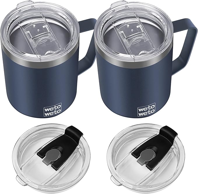WETOWETO 14 oz Coffee Mug, Vacuum Insulated Camping Mug with Lid, Double Wall Stainless Steel Travel Tumbler Cup, Coffee Mugs Outdoor, Powder Coated Navy Blue Set of 2