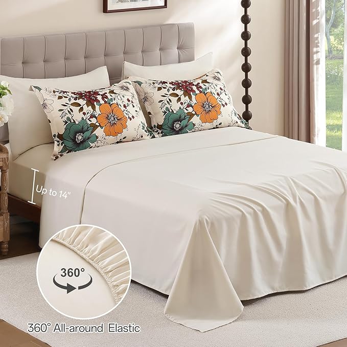 Xruibed Floral Comforter Set Queen Size 7 Pieces, Beige Orange Bed in a Bag Flower Comforter Set with Sheet, Pillowcases, Pillowshams, Soft Microfiber Bedding Set for All Season (Queen 90''x90'')