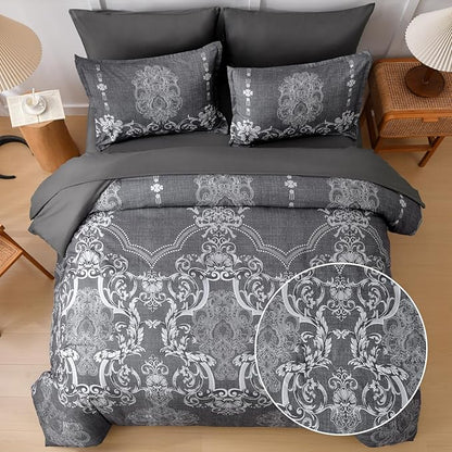 Mybedsoul 7 Pieces Grey Comforter Set King Size, Damask Bed in a Bag for King Bed, Lightweight Microfiber Boho Bedding Sets with Comforter, Sheet, Pillowcases & Shams for All Season (90"x104")