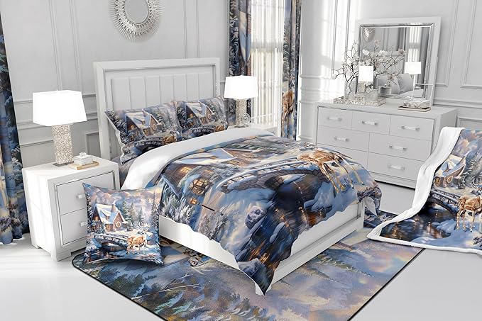 Winter Deer Comforter Set Queen Size,Wood Cabin House Bedding Set,Snowflake and Pine Tree Mountain Lake Quilt Set for Kids Girls Boys Adult Room Decor,Christmas Animals Duvet Insert 3Pcs