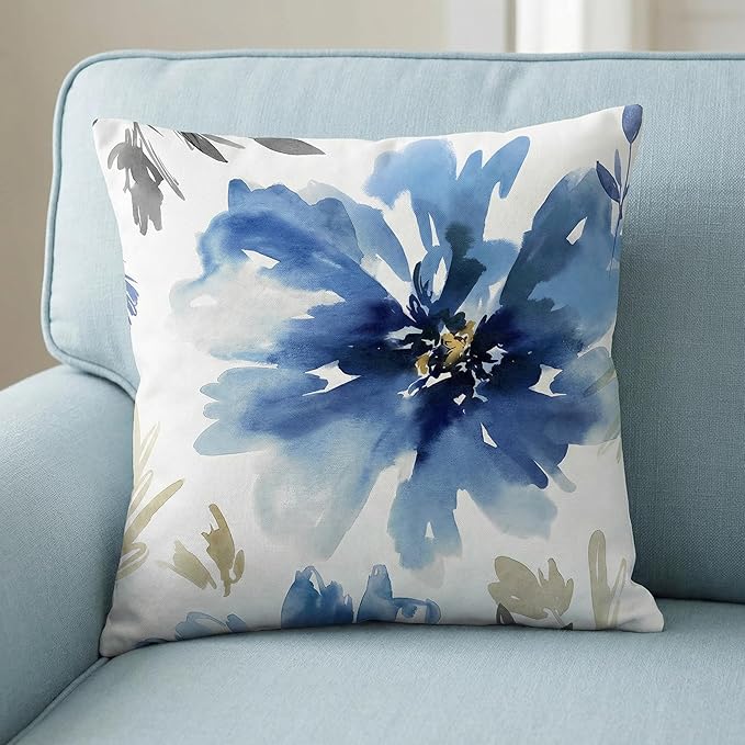 Americanflat 18x18 Throw Pillow with Sewn-in Insert - All-in-One Decorative Pillows - No Cover Needed - Soft and Durable Cushion for Bed or Sofa - Polyester - White and Indigo