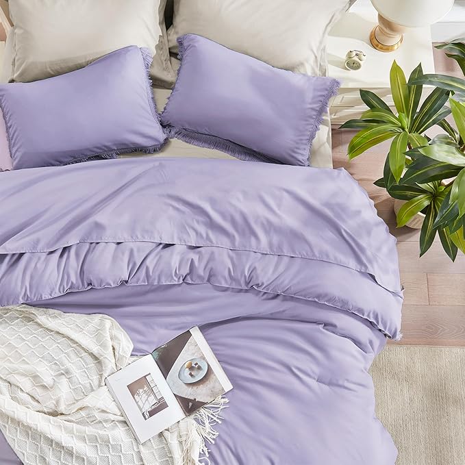 Andency Queen Comforter Set Lavender, Purple 3 Pieces Boho Tassel Lightweight Bedding Comforter Sets, Winter Soft Fluffy Fringe Bed Set (90x90In Comforter & 2 Pillowcases)