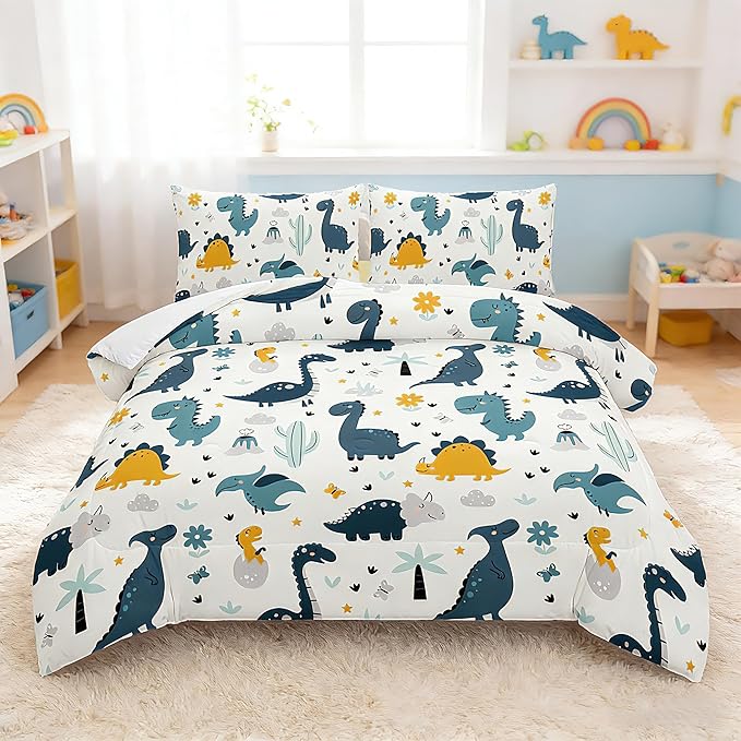 MWMWMW Cartoon Dinosaur Comforter Sets Full, 3-Piece Dinosaur Bedding Sets for Kids Boys & Girls, Soft Microfiber Twin Size Comforter Sets for Kids Boys with 2 Pillowcases