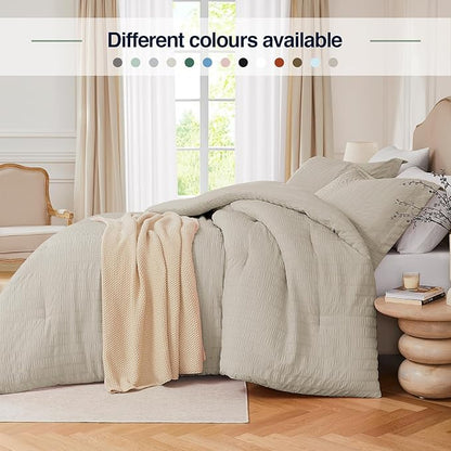 Oatmeal Oversized Queen Comforter Set - 3 Pieces Seersucker Lightweight Bedding Comforter Sets (1 Soft Fluffy Comforter & 2 Pillowcases) - All Seasons Cozy Modern Bed Sets