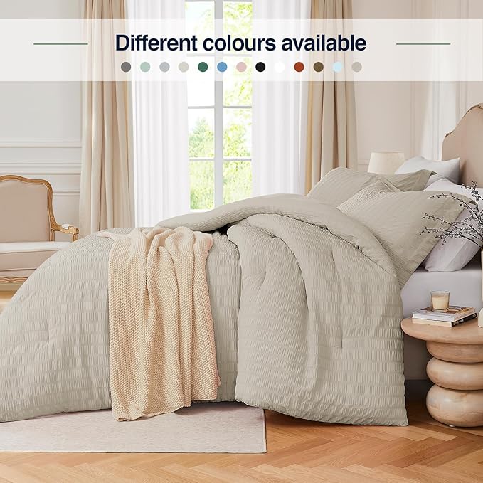 Oatmeal California King Comforter Set - 3 Pieces Seersucker Lightweight Bedding Comforter Sets (1 Soft Fluffy Comforter & 2 Pillowcases) - All Seasons Cozy Modern Bed Sets