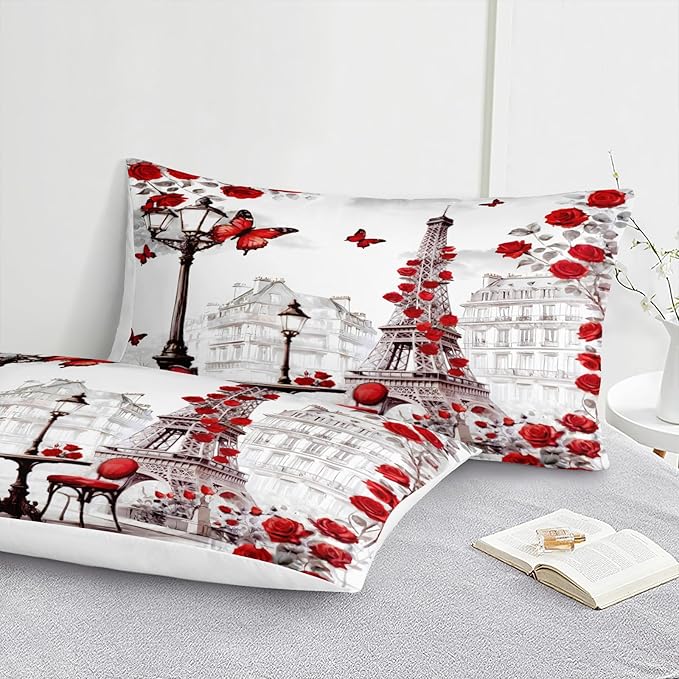 Paris Comforter Set 8 Pcs Red Rose Bedding Set Eiffel Tower Retro France Comforter Red Butterfly Romantic French Bed Comforter King Bed in A Bag