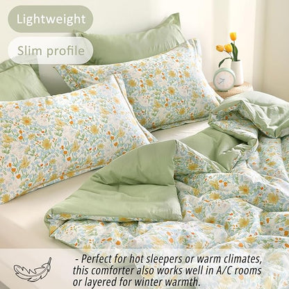 Floral Cotton Comforter King Size 3Pcs - Yellow and Blue Tiny Flowers & Little Lambs on White, Sage Green Back, Reversible Lightweight Bedding Sets with Soft Fill(King, 104"×90")