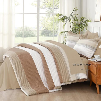 Andency California King Comforter Set Taupe - 7 Pieces Striped Lightweight Bed in a Bag, Soft Microfiber Reversible Bedding Set with Comforter, Fitted & Flat Sheet, Pillowcases & Shams