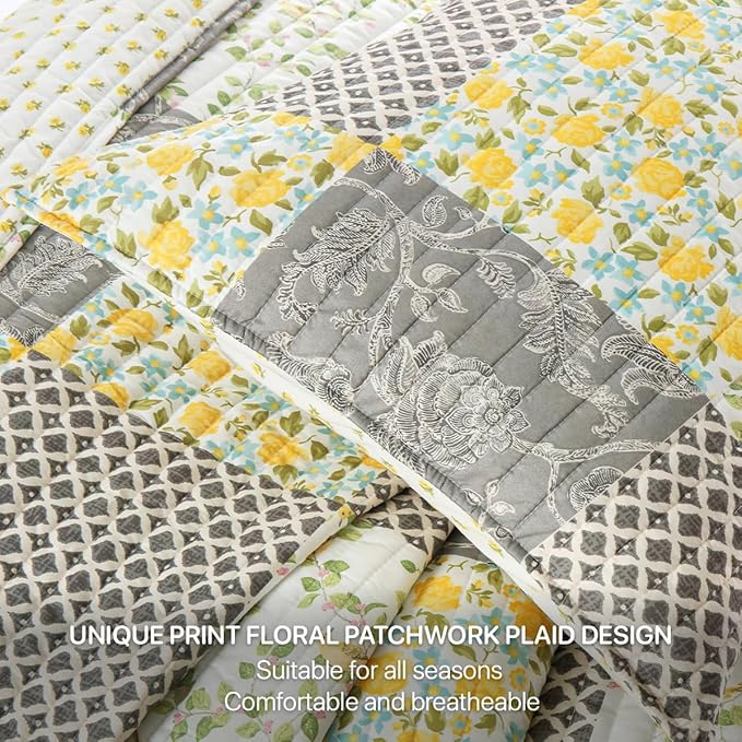 Quilt Set Queen Size Floral Patchwork Quilted, Soft Comforter Set Bedding Sets, Coverlet Bedspread Decorative Quilts with 2 Pillow Shams 90"x90"