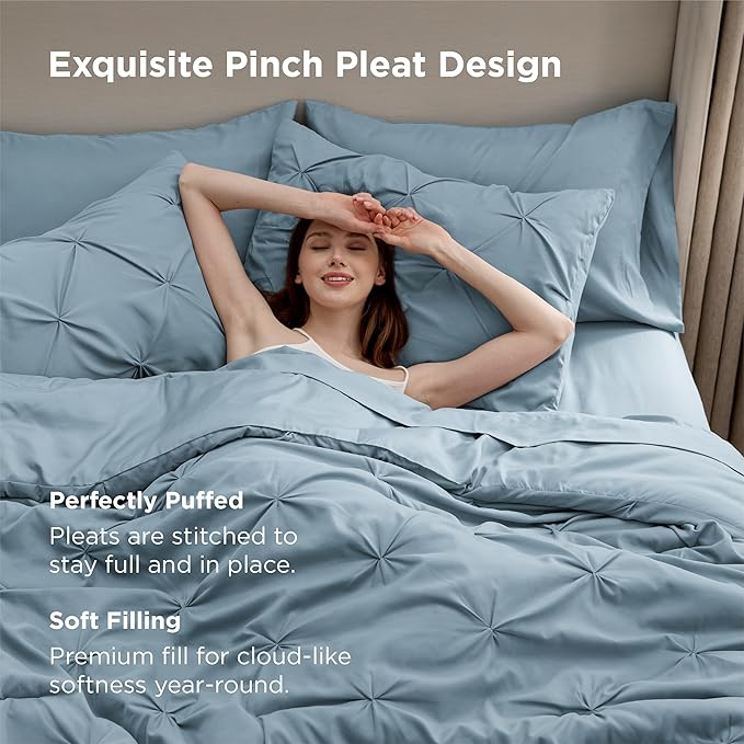 Bedsure King Size Comforter Set Light Blue - Bed in a Bag Bedding Set 7 Pieces, GentleSoft™ Pintuck Bed Set Gift for Family, Pinch Pleat Light Blue Comforter with Sheets, Pillowcases & Shams