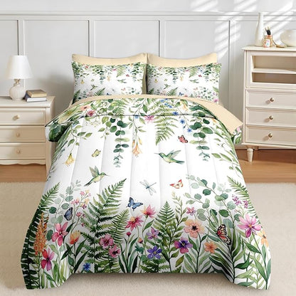 Nesker 7 Pcs Spring Comforter Set Full Size, Floral Hummingbird Butterfly Bedding Set for Kids and Adults, Fern Botanical Nature Bed Sheet Sets with Fitted Sheet 2 Pillowcases & 2 Shams