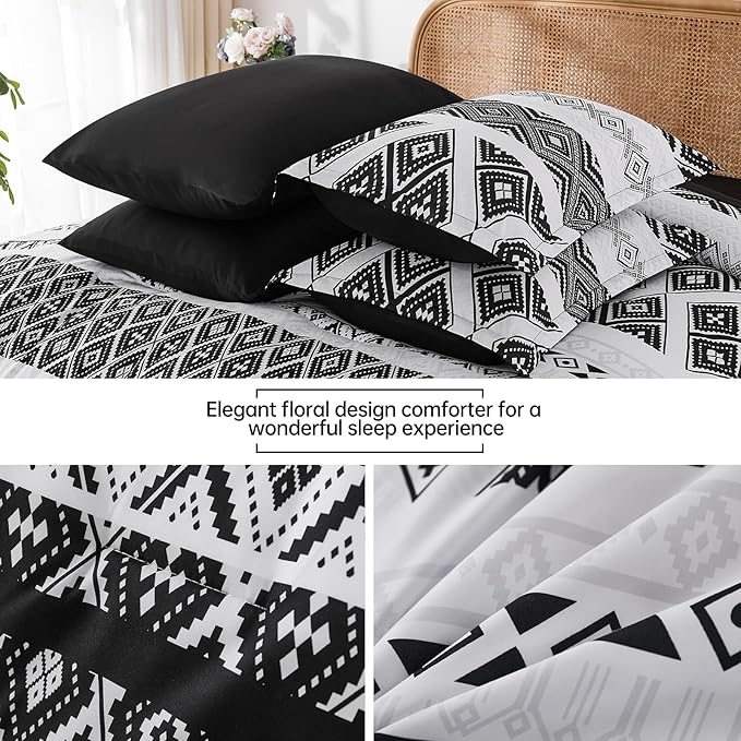 Luxudecor Black Comforter Set King Size 7 Pieces,Boho Aztec Comforter with Sheet Set,Geometric Striped Pattern Bed in a Bag,Soft Microfiber Bed Set 104"x90"