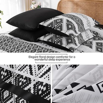 Luxudecor Black Comforter Set King Size 7 Pieces,Boho Aztec Comforter with Sheet Set,Geometric Striped Pattern Bed in a Bag,Soft Microfiber Bed Set 104"x90"