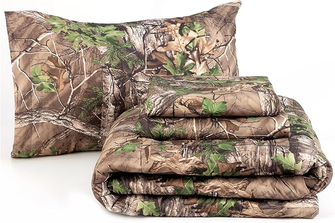 Northwest Realtree 4-Piece Twin Size Bed in a Bag Set, 1 Comforter, 1 Fitted Sheet, 1 Flat Sheet, 1 Pillowcase, All Seasons Bedding, Xtra Green Camo