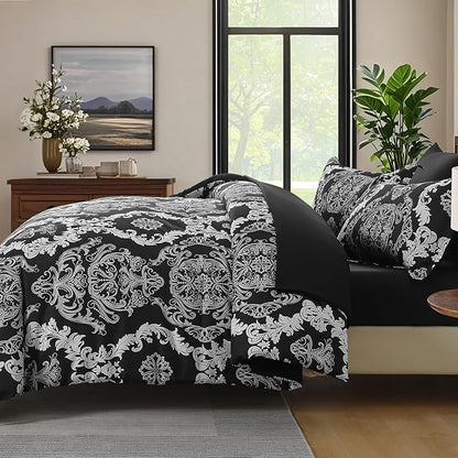 WONGS BEDDING 7 Pieces Comforter Set King Size, Black White Texture Bedding Set for All Season, Damask Soft and Breathable Bed in a Bag with Comforter, Flat Sheet, Fitted Sheet, Pillowcases & Shams