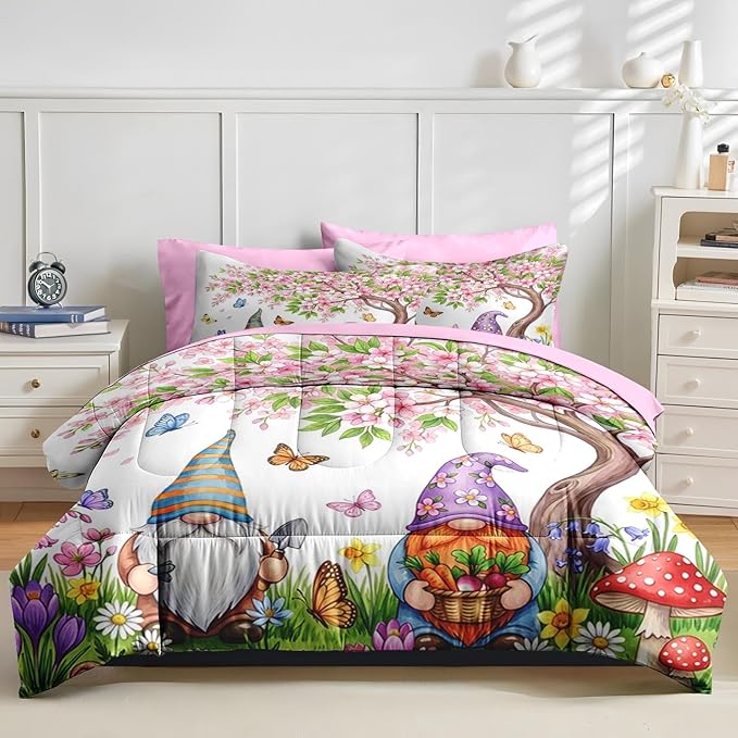Nesker 5 Pcs Spring Comforter Set Twin Size, Gnome Flower Bedding Set for Kids and Adults, Pink Cherry Blossoms Tree Bed Sheet Sets with Fitted Sheet Pillowcase & Sham