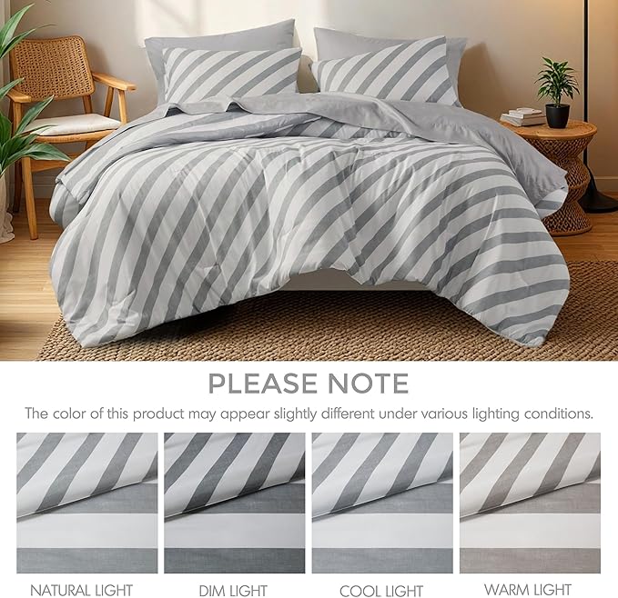 Reversible Striped Queen Comforter Set, Soft Microfiber Bedding Set with Double-Sided Stripes Design, Warm & Cozy for All-Seasons, 3-Piece Comforter and Shams Set Queen Size, Grey