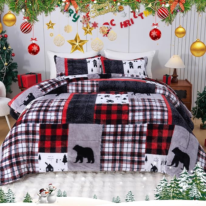 YIYEA Christmas Fluffy Queen Size Comforter Set, Luxury Faux Fur Comforter, Ultra Soft Plush Fuzzy Velvet Bedding Comforter Sets for Fall Winter, Cozy Warmth, No Shedding, 3PC, Queen