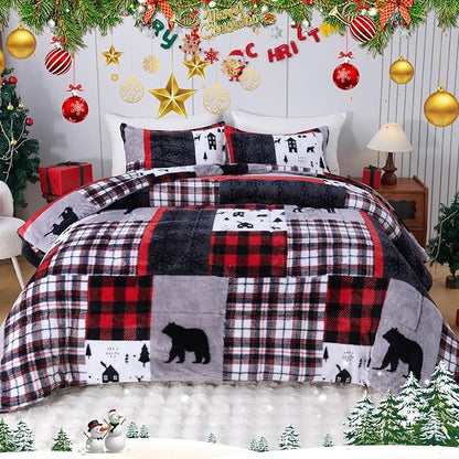 YIYEA Christmas Fluffy Queen Size Comforter Set, Luxury Faux Fur Comforter, Ultra Soft Plush Fuzzy Velvet Bedding Comforter Sets for Fall Winter, Cozy Warmth, No Shedding, 3PC, Queen