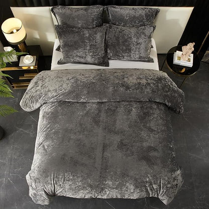 Ivellow Crushed Velvet Comforter Set Queen, Lightweight Comforter Set, 5pcs Ultra Soft Breathable Grey Comforter Set, Luxury Cozy Flannel Comforter Queen Size (1 Comforter,2 Pillow Shams, 2 Euro Shams