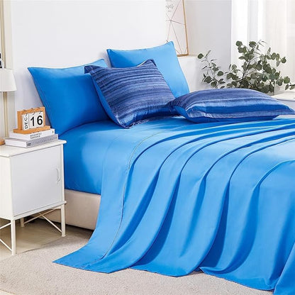 KAKIJUMN 5 Piece Bed in a Bag Stripe Comforter Set Twin Size, White and Blue Patchwork Striped Comforter and Sheet Set, All Season Soft Microfiber Complete Bedding Sets(Blue,Twin)