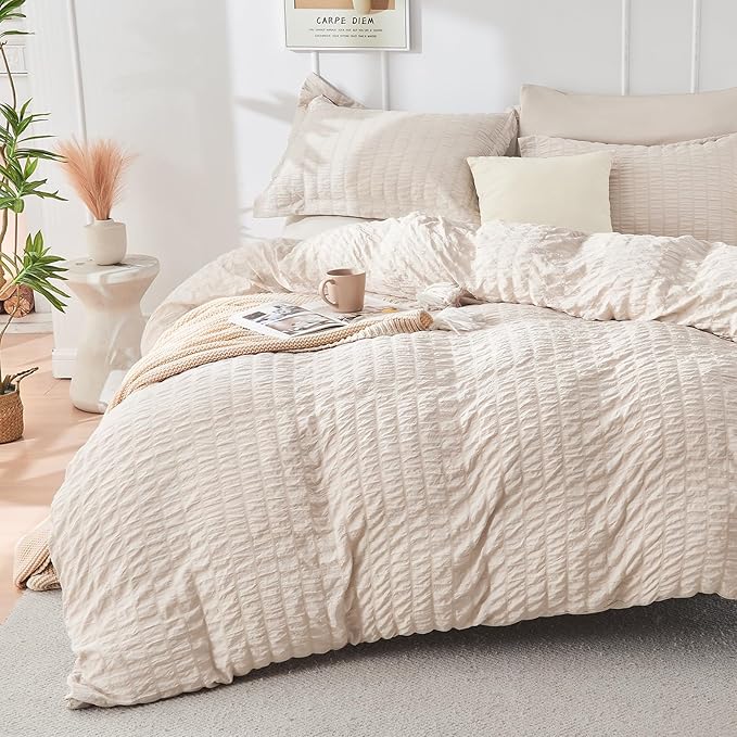 HYMOKEGE Beige Oversized Queen Comforter Set Seersucker 7 Pieces, All Season Luxury Bed in a Bag for Bedroom, Bedding Set with Comforter, Sheets, Pillowcases & Shams