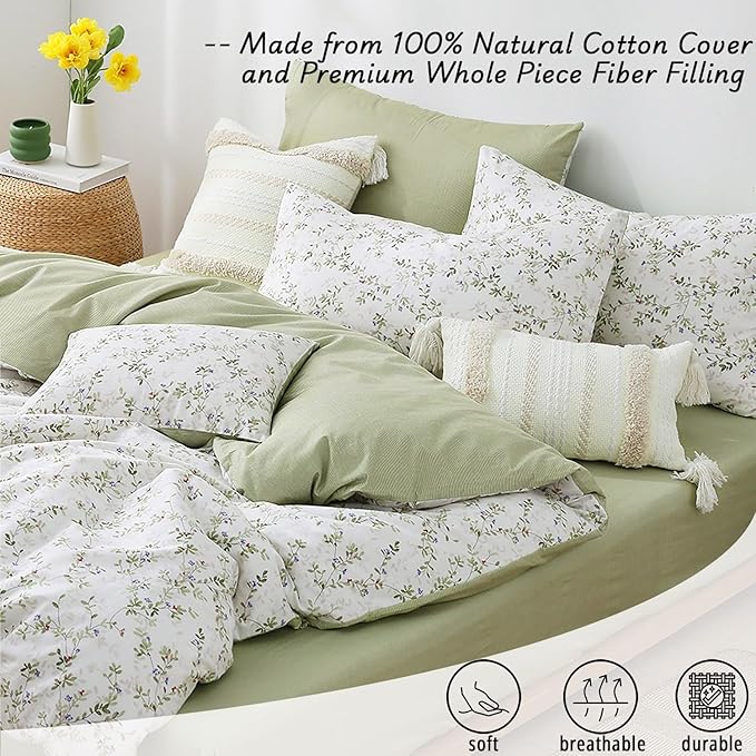 Botanical Cotton Comforter Queen Size - Tender Green Comforter Printed with Leafy Branches & Purple Stamens on Off-White,Reversible Lightweight Bedding Sets 3Pcs
