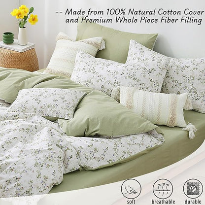 Botanical Cotton Comforter Queen Size - Tender Green Comforter Printed with Leafy Branches & Purple Stamens on Off-White,Reversible Lightweight Bedding Sets 3Pcs