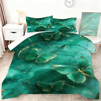 Emerald Green Marble Comforter Set Queen Size Teal Dark Green Marbled Bedding Set Modern Marbling Art Glitter Bedding Glitter Butterflies Quilt Set with 1 Comforter + 2 Pillowcases