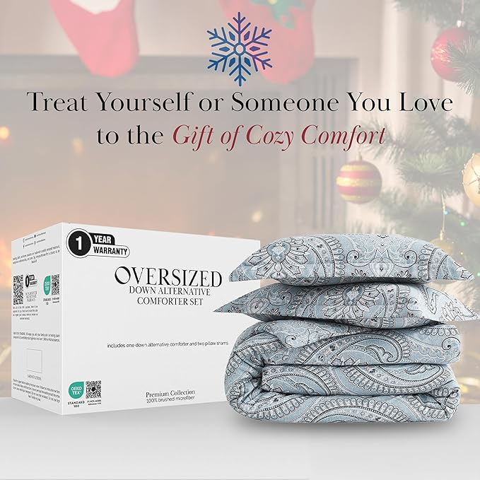 Southshore Fine Living, Inc. Oversized Full/Queen Size Comforter Bedding Set, Boho Paisley Bedding, Full Size/Queen Bed Comforter Set with 2 Matching Shams, Pure Melody Aqua